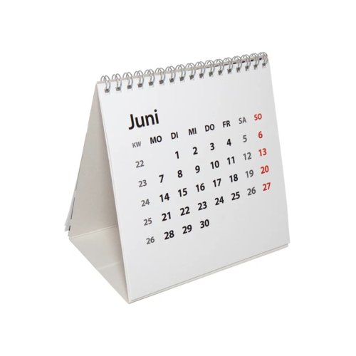 Desk calendar with spiral binding and foldable triangular base.