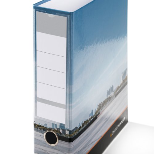 Printed file folder with ring mechanism and spine label.