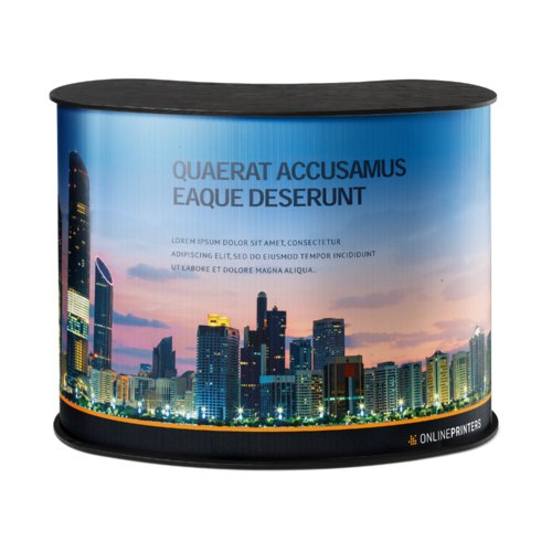Counter table for product presentation with rounded corners.
