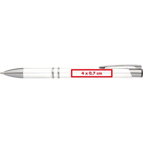 White metal ballpoint pen with clip and push button.