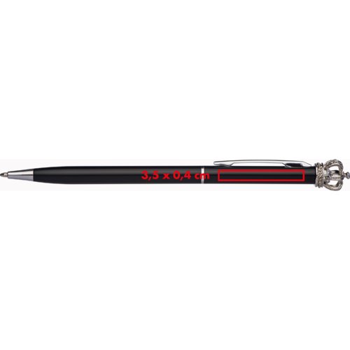 Black metal ballpoint pen with clip and crown.