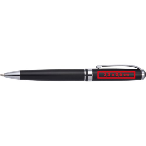 Black metal ballpoint pen with clip and push button.