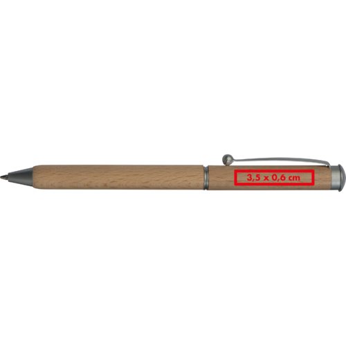 Wooden ballpoint pen with clip and push mechanism.