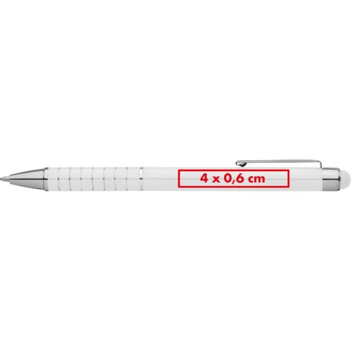 White ballpoint pen with touch pen and clip.