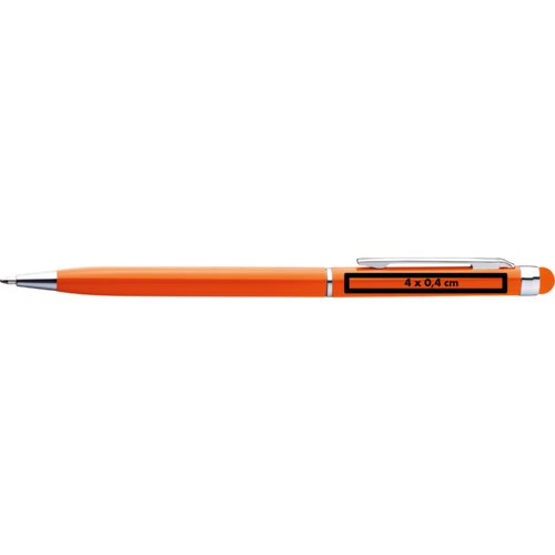 Orange ballpoint pen with touch pen and clip.
