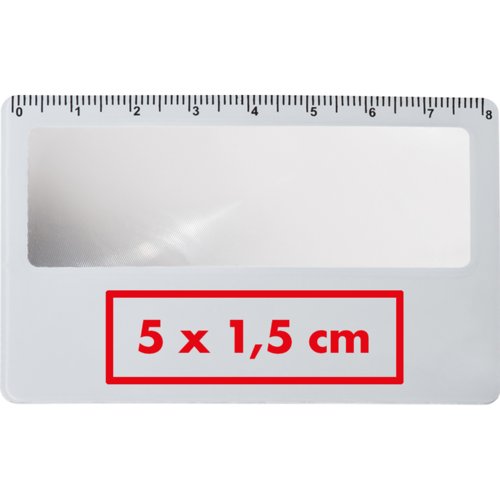 White plastic card-sized magnifier with ruler.