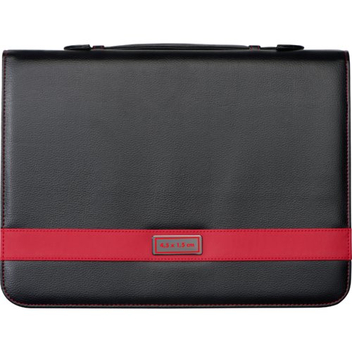 Black writing case with red accent and carrying handle.