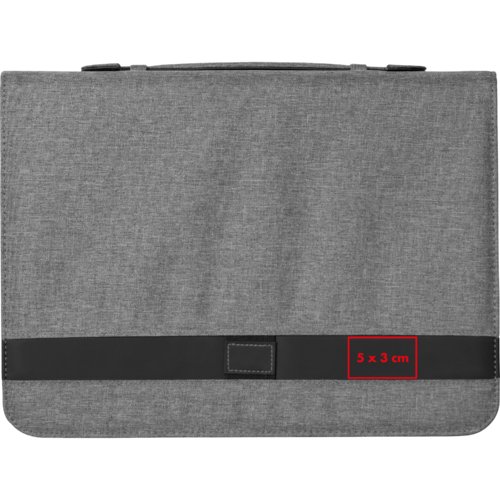Gray writing case with handle and elastic band closure.