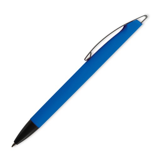 Blue plastic ballpoint pen with clip and push button.