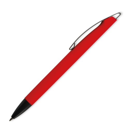 Red ballpoint pen with clip and push mechanism.