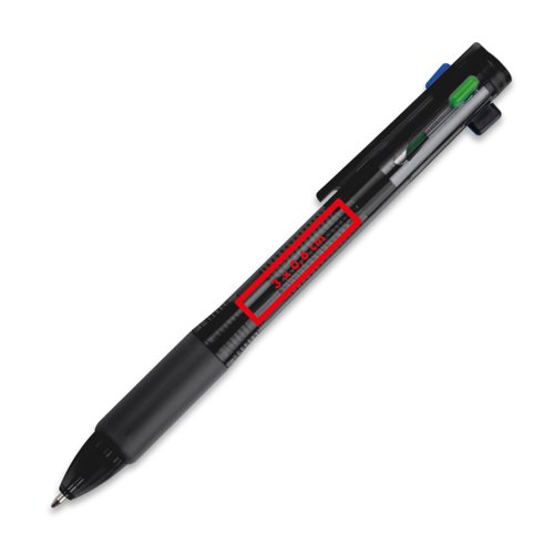 Multicolor ballpoint pen with clip and four refills.