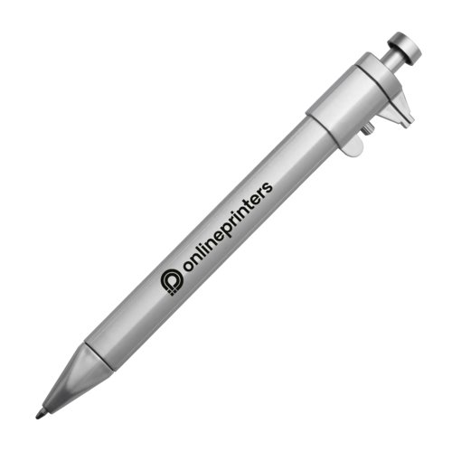 Silver plastic ballpoint pen with caliper.
