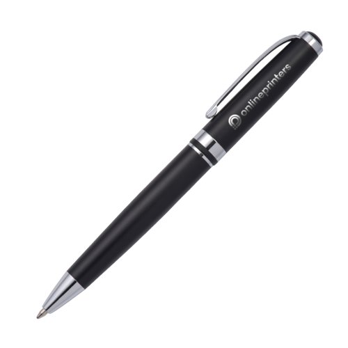 Black metal ballpoint pen with clip and twist mechanism.