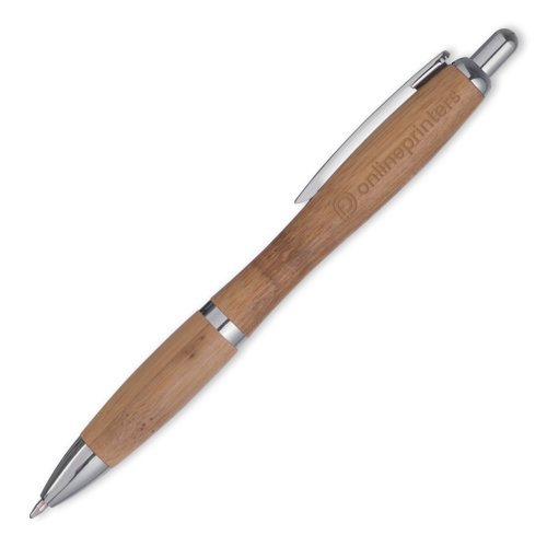 Light brown bamboo ballpoint pen with clip and push mechanism.