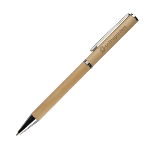 Wooden ballpoint pen with clip and push mechanism.