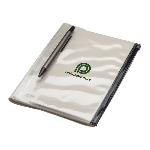 Notebook with transparent plastic cover and zipper.