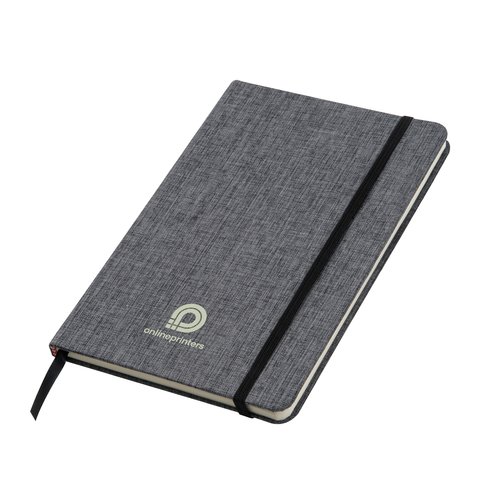 Gray notebook with elastic closure and ribbon bookmark.