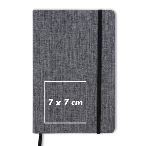 Gray notebook with elastic band closure and ribbon bookmark.