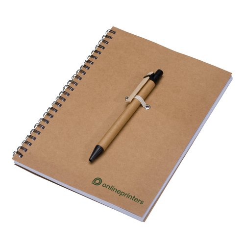Recycled paper writing set with pen and spiral binding.