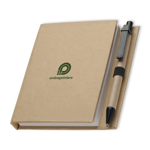 Brown notepad with paper ballpoint pen and elastic band.