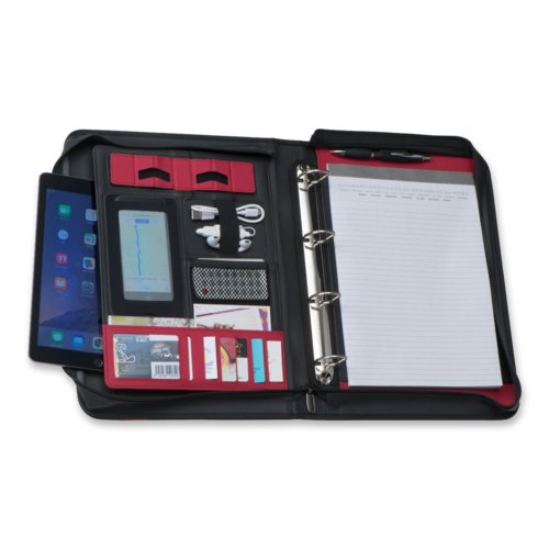 Black writing case with zipper and ring binder mechanism.