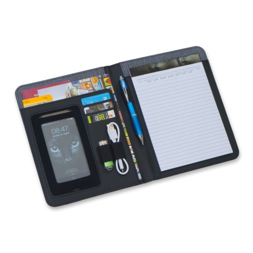 Gray fabric writing case with various compartments.