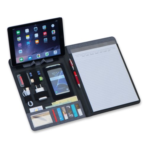 Gray writing case with pockets, pen holder and notepad.