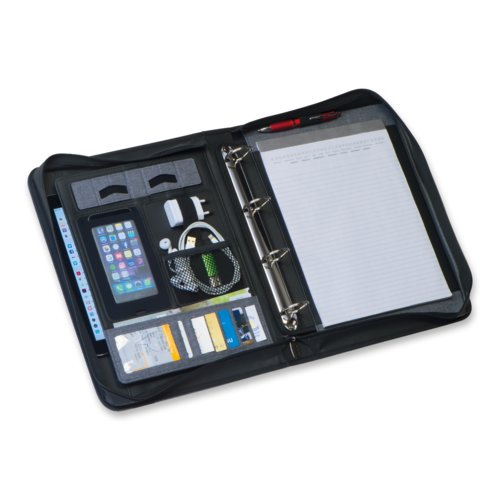 Gray fabric writing case with ring binder mechanism and zipper.