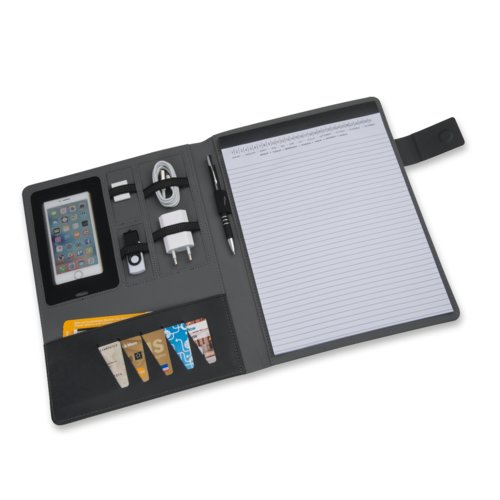Gray writing folder with pen holder, card slots and tablet compartment.