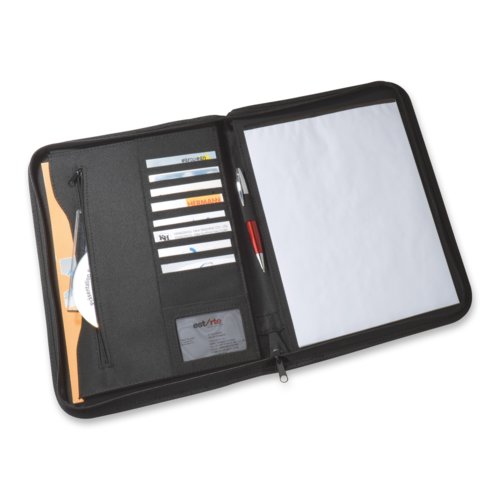 Black faux leather document folder with zipper and inner compartments.