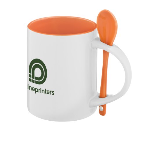 Orange ceramic mug with matching spoon on the handle.