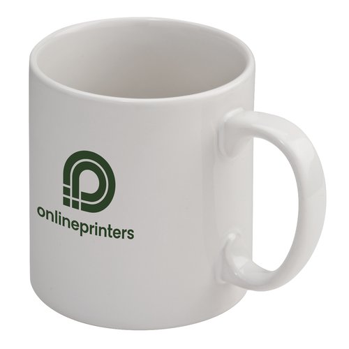 White ceramic mug with handle.