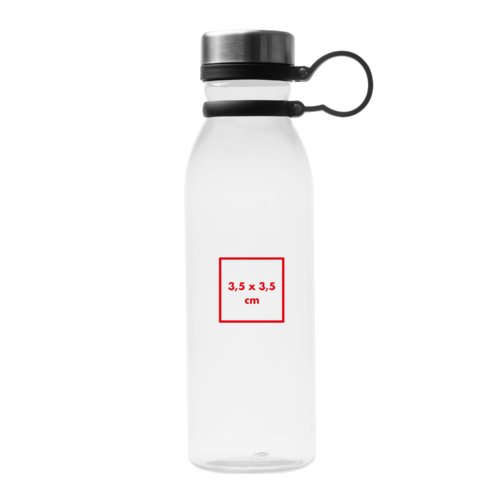 Transparent drinking bottle with screw cap and carrying loop.
