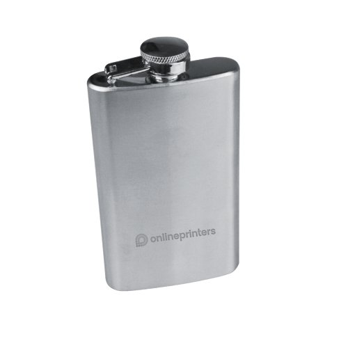 Silver stainless steel flask with screw cap.