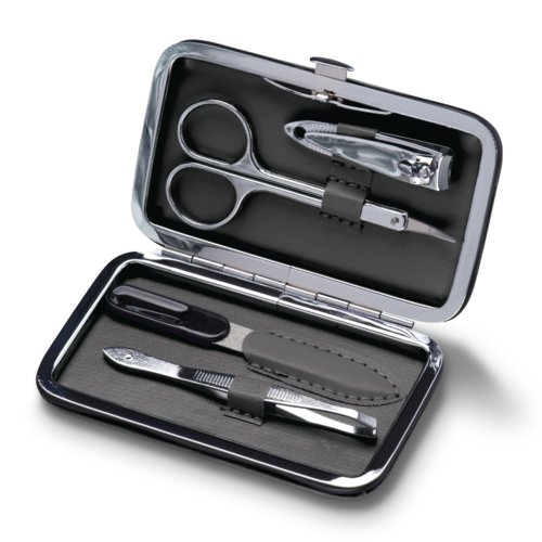 Anthracite manicure set in PU case with various tools.