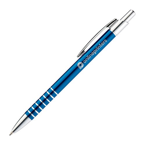 Blue metal ballpoint pen with clip and push mechanism.