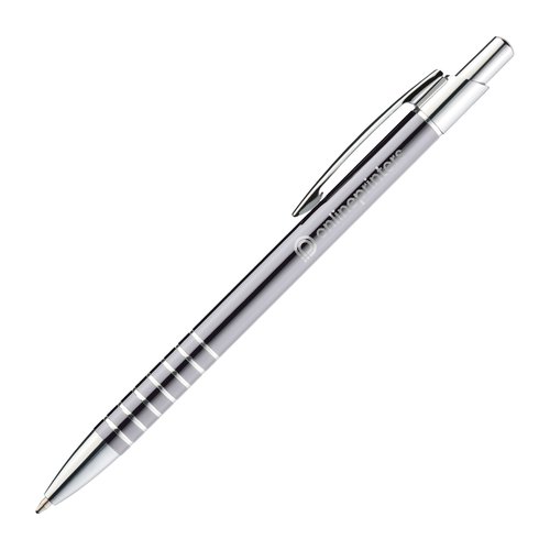 Gray metal ballpoint pen with clip and push mechanism.