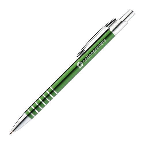 Metal ballpoint pen with clip and twist mechanism.