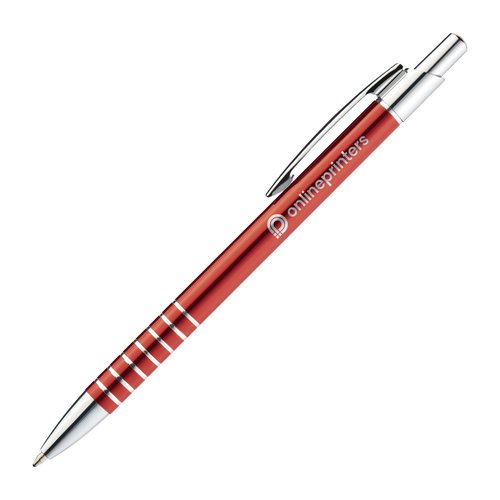Red metal ballpoint pen with clip and push mechanism.