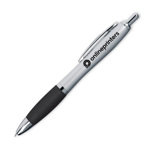 Black ballpoint pen with clip and push mechanism.