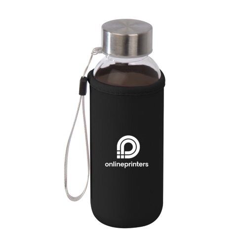 Glass water bottle with screw cap and fabric cover.