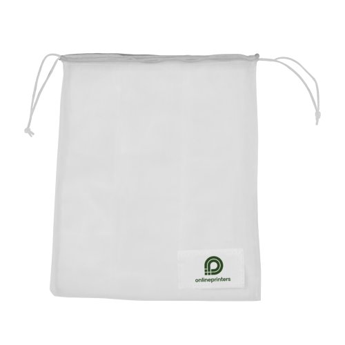 White mesh shopping net with drawstring.