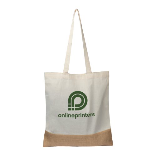 Multi-colored tote bag with long handles.