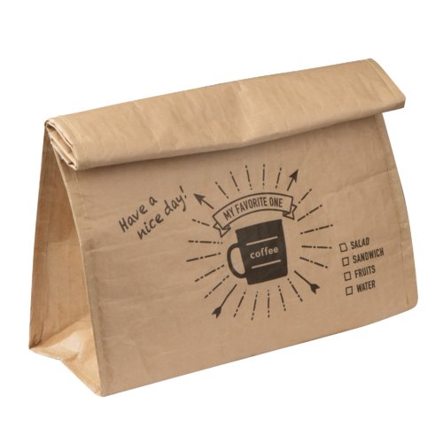 Beige insulated bag with fold-over closure and carrying handle.
