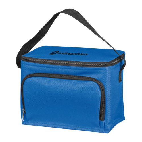 Blue cooler bag with zipper and carrying handle.