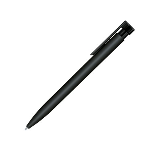 Black ballpoint pen with soft surface, clip and push button.