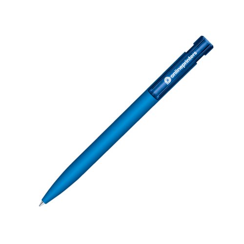 Blue ballpoint pen with soft touch surface and push mechanism.