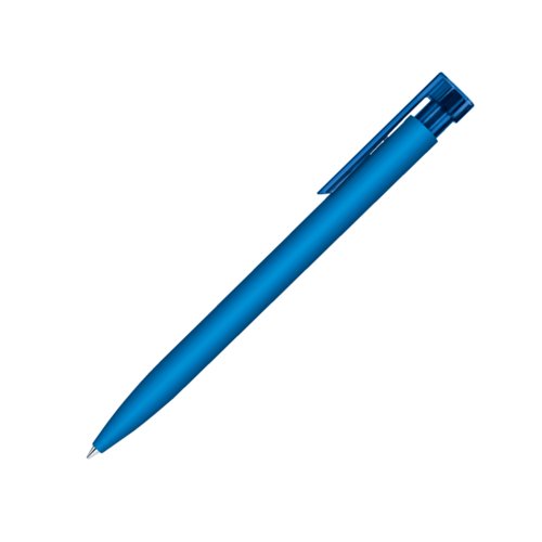 Blue plastic ballpoint pen with soft-touch finish and clip.
