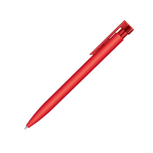 Red plastic ballpoint pen with soft surface, clip and push mechanism.