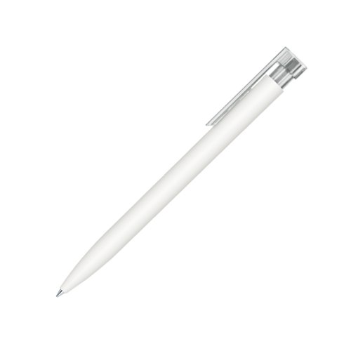 White ballpoint pen with push mechanism and clip.